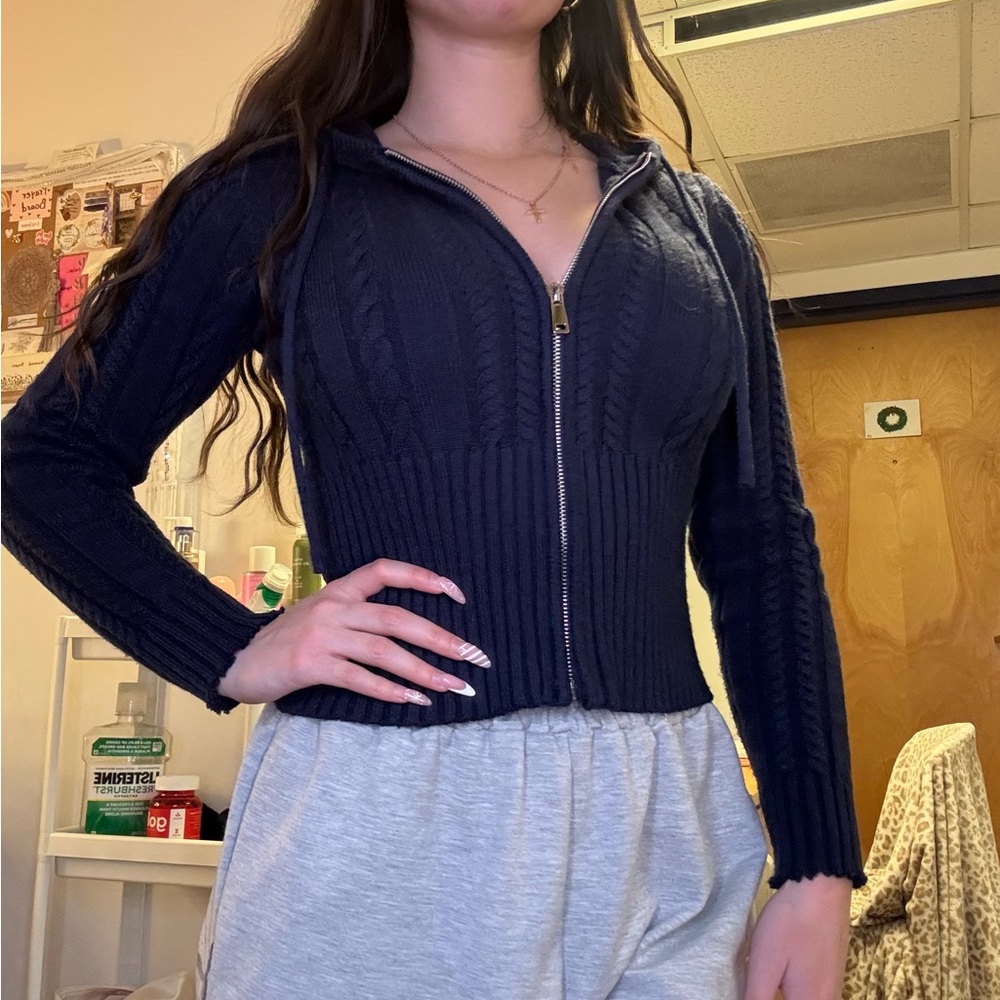 Stella Tweed Navy Cable Knit Cardigan